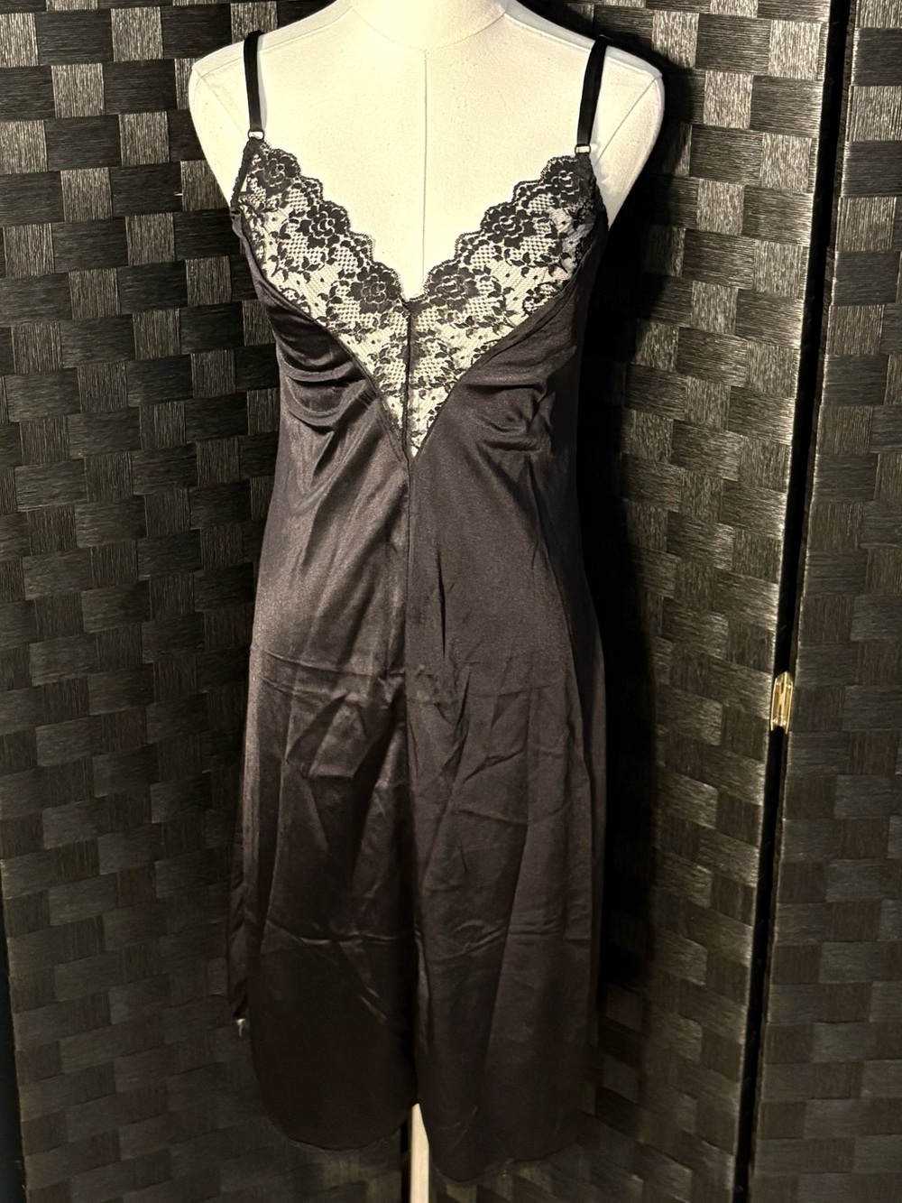 Vintage Black Nylon Satin Contrast Floral Lace Full Slip Dress